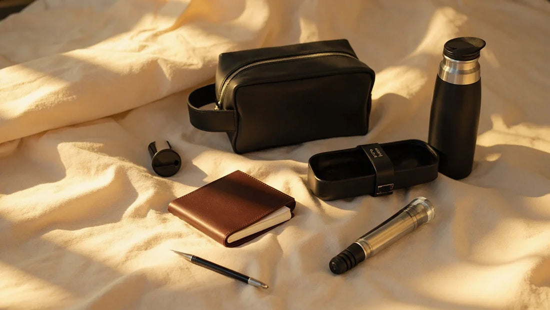 minimalist travel items on soft linen in warm, gentle light, evoking discreet luxury