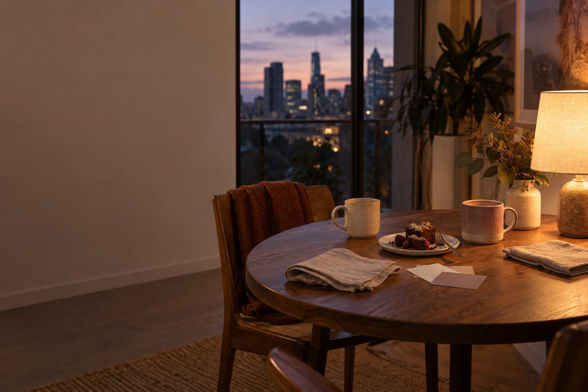 Two mugs and a shared dessert on a dining table at dusk