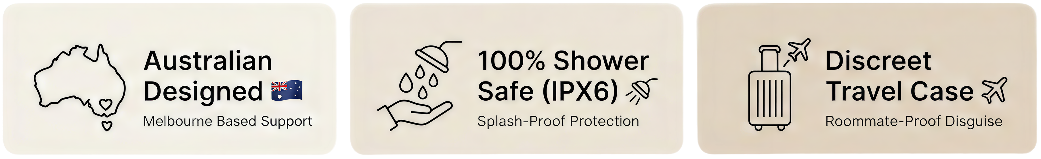 Three labels on a white background, each with different text and icons.