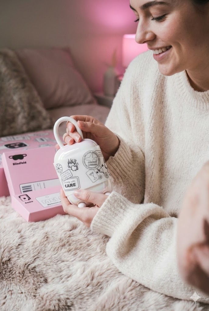 Smiling young woman in cozy knitwear holding the cute aesthetic NOX Traveller vibrator suitcase, with pink date night gift box packaging in the background