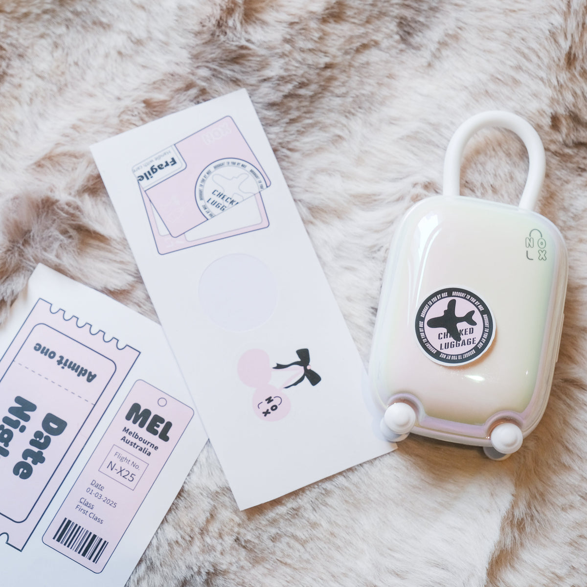 Fun date night ticket and sticker pack included in the NOX Traveller couples intimacy kit.