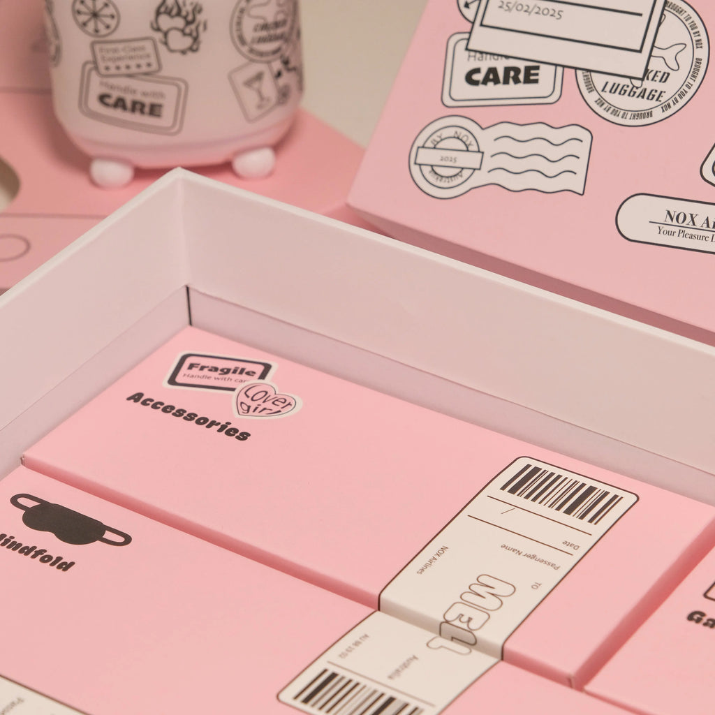 Open date night gift set showing accessories box and luggage tag stickers