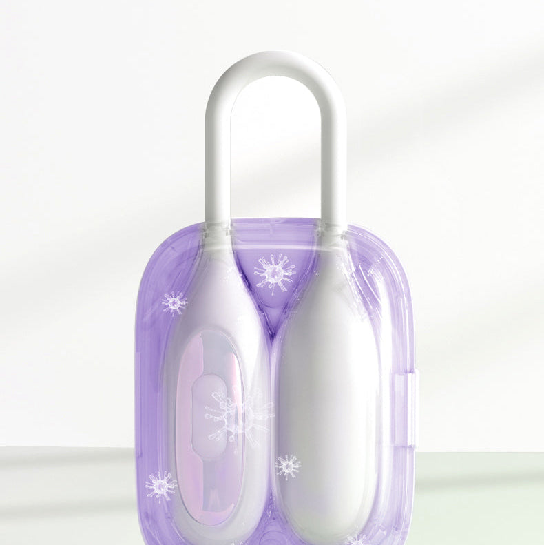 Graphic illustration of the NOX Traveller case with purple UV light sanitizing the white vibrator inside.